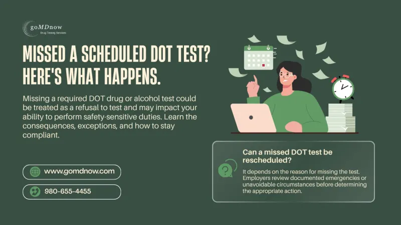 What happens after missing a scheduled DOT drug or alcohol test